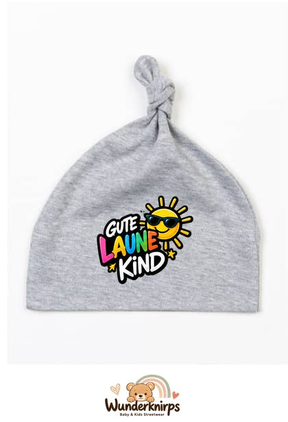 Knotenmütze Babybugz BZ15 in Grau meliert mit Motiv Gute-Laune-Kind