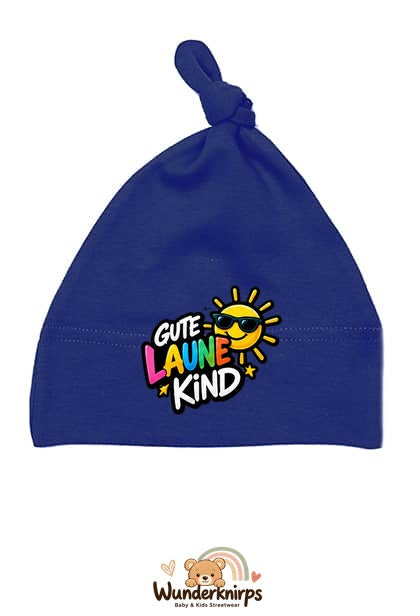 Knotenmütze Babybugz BZ15 in Marineblau mit Motiv Gute-Laune-Kind
