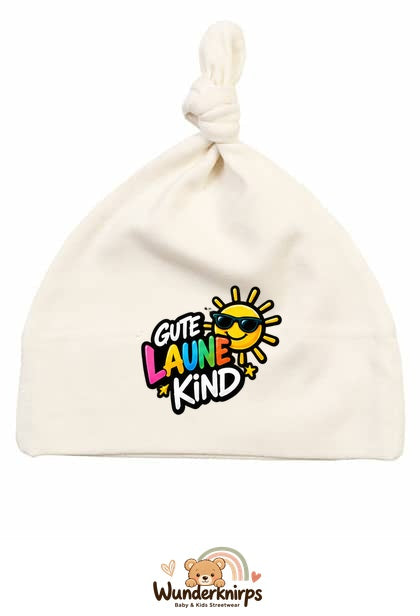 Knotenmütze Babybugz BZ15 in Natur mit Motiv Gute-Laune-Kind