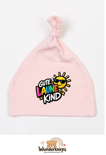 Knotenmütze Babybugz BZ15 in Pastellrosa mit Motiv Gute-Laune-Kind