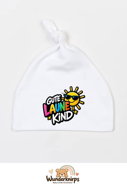 Knotenmütze Babybugz BZ15 in Weiß mit Motiv Gute-Laune-Kind