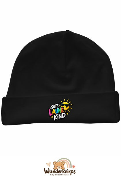 Umschlagmütze Rox-01 in Schwarz mit Motiv Gute-Laune-Kind
