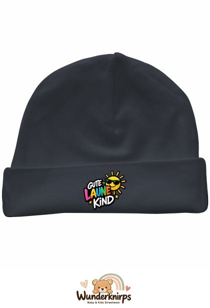 Umschlagmütze Rox-01 in Anthrazit mit Motiv Gute-Laune-Kind
