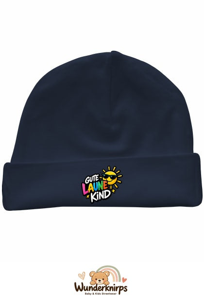 Umschlagmütze Rox-01 in Marineblau mit Motiv Gute-Laune-Kind