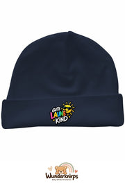 Umschlagmütze Rox-01 in Marineblau mit Motiv Gute-Laune-Kind