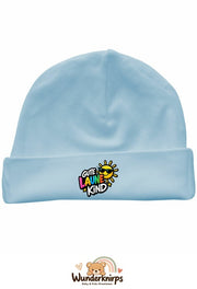 Umschlagmütze Rox-01 in Pastellblau mit Motiv Gute-Laune-Kind