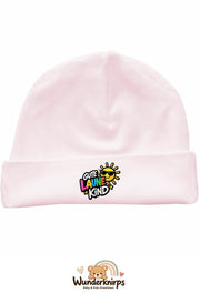 Umschlagmütze Rox-01 in Pastellrosa mit Motiv Gute-Laune-Kind