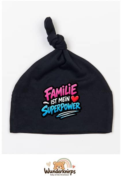 Knotenmütze Babybugz BZ15 in Schwarz mit Motiv Familie ist mein Superpower