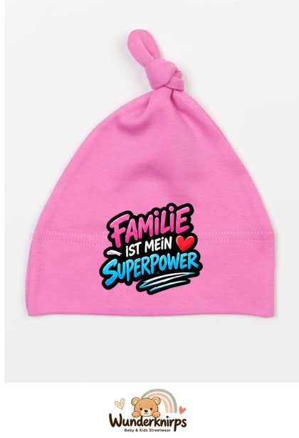 Knotenmütze Babybugz BZ15 in Bubblegum-Pink mit Motiv Familie ist mein Superpower