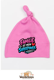 Knotenmütze Babybugz BZ15 in Bubblegum-Pink mit Motiv Familie ist mein Superpower