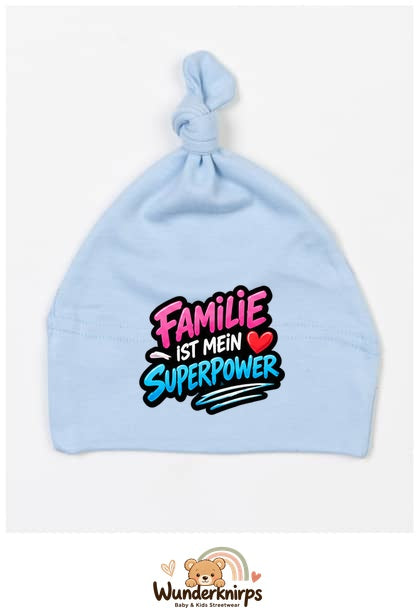 Knotenmütze Babybugz BZ15 in Staubblau mit Motiv Familie ist mein Superpower