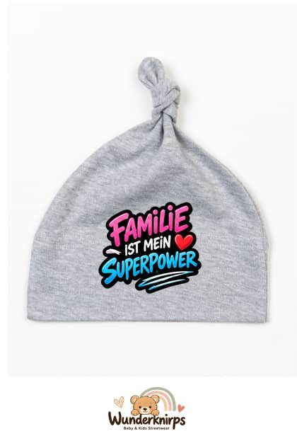 Knotenmütze Babybugz BZ15 in Grau meliert mit Motiv Familie ist mein Superpower