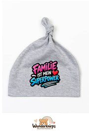 Knotenmütze Babybugz BZ15 in Grau meliert mit Motiv Familie ist mein Superpower