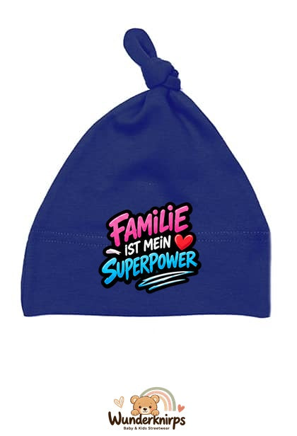 Knotenmütze Babybugz BZ15 in Marineblau mit Motiv Familie ist mein Superpower