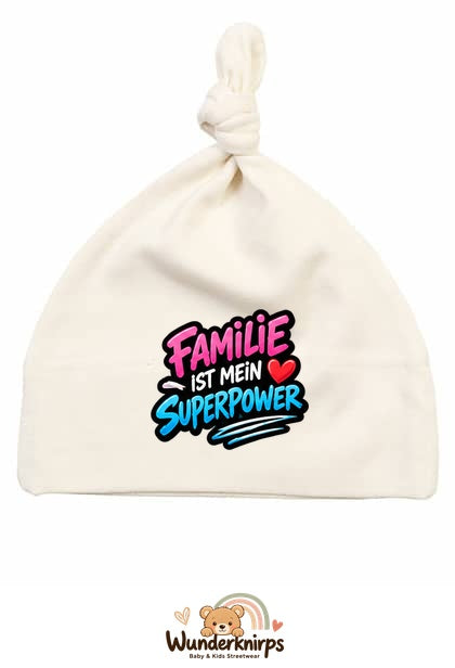 Knotenmütze Babybugz BZ15 in Natur mit Motiv Familie ist mein Superpower