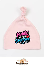 Knotenmütze Babybugz BZ15 in Pastellrosa mit Motiv Familie ist mein Superpower