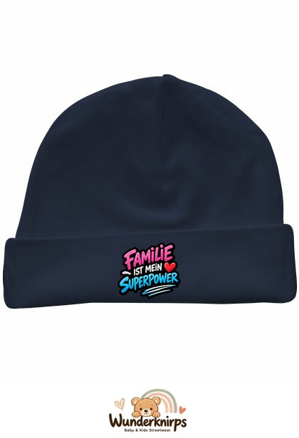 Umschlagmütze Rox-01 in Marineblau mit Motiv Familie ist mein Superpower