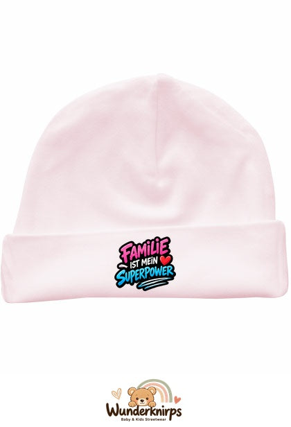 Umschlagmütze Rox-01 in Pastellrosa mit Motiv Familie ist mein Superpower