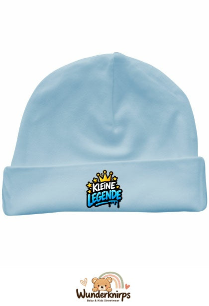Umschlagmütze Rox-01 in Pastellblau mit Motiv Kleine Legende