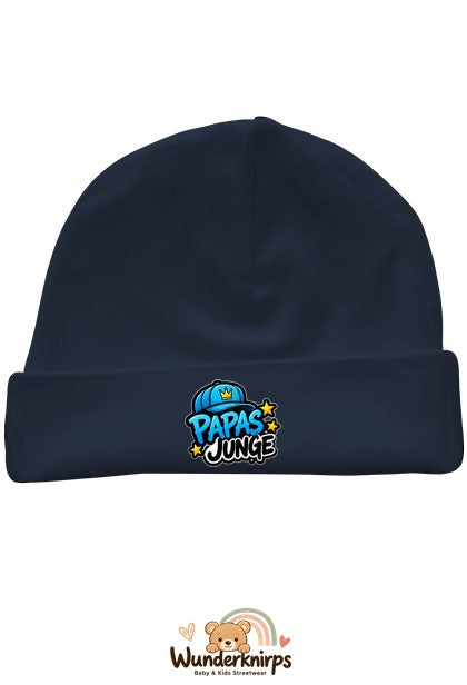 Umschlagmütze Rox-01 in Marineblau mit Motiv Papas Junge