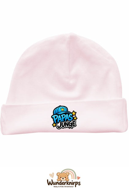 Umschlagmütze Rox-01 in Pastellrosa mit Motiv Papas Junge