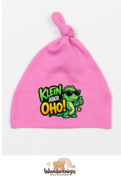 Knotenmütze Babybugz BZ15 in Bubblegum-Pink mit Motiv Dino Klein, aber oho