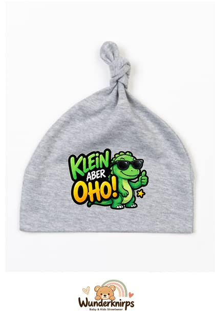 Knotenmütze Babybugz BZ15 in Grau meliert mit Motiv Dino Klein, aber oho