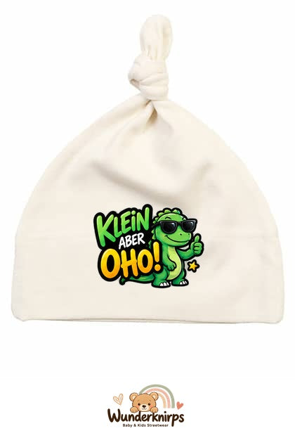 Knotenmütze Babybugz BZ15 in Natur mit Motiv Dino Klein, aber oho