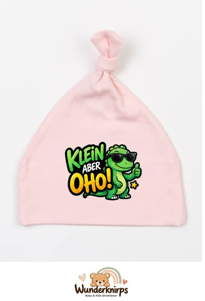 Knotenmütze Babybugz BZ15 in Pastellrosa mit Motiv Dino Klein, aber oho