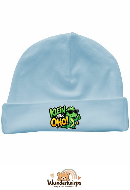 Umschlagmütze Rox-01 in Pastellblau mit Motiv Dino Klein, aber oho