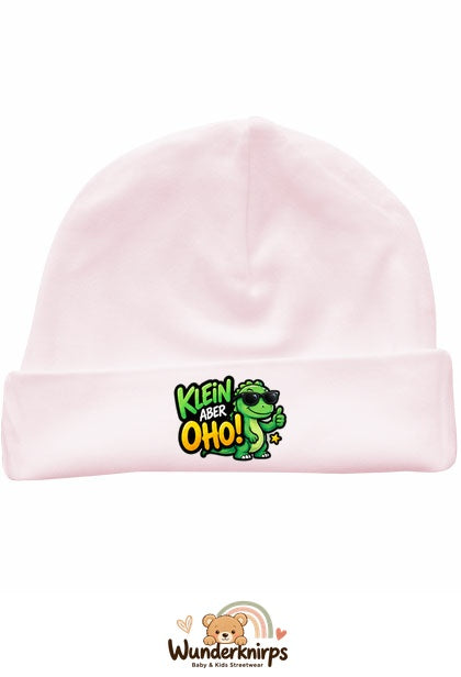 Umschlagmütze Rox-01 in Pastellrosa mit Motiv Dino Klein, aber oho