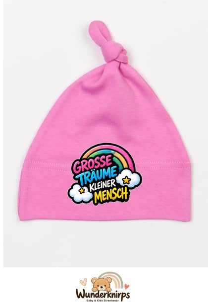 Knotenmütze Babybugz BZ15 in Bubblegum-Pink mit Motiv Regenbogen Große Träume