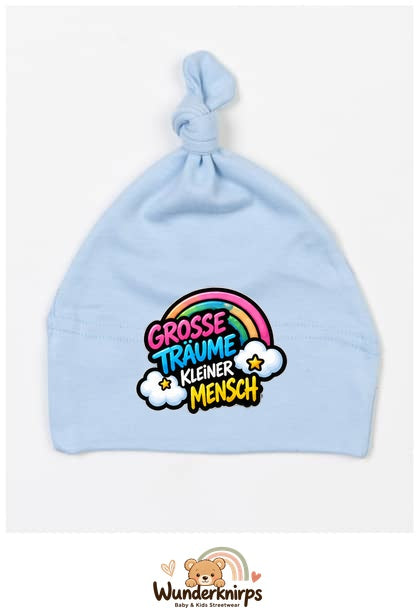 Knotenmütze Babybugz BZ15 in Staubblau mit Motiv Regenbogen Große Träume