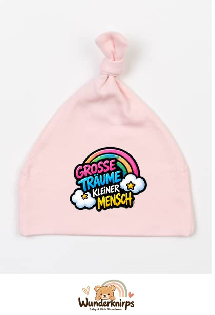 Knotenmütze Babybugz BZ15 in Pastellrosa mit Motiv Regenbogen Große Träume