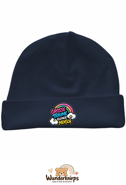 Umschlagmütze Rox-01 in Marineblau mit Motiv Regenbogen Große Träume