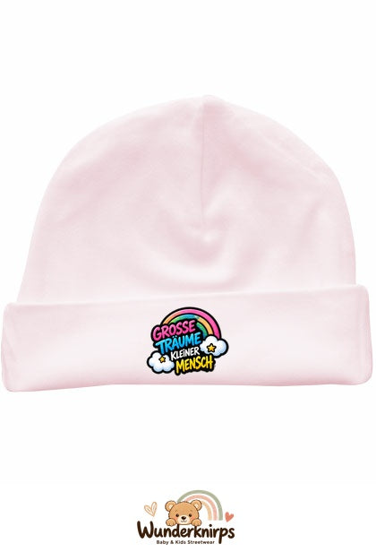 Umschlagmütze Rox-01 in Pastellrosa mit Motiv Regenbogen Große Träume