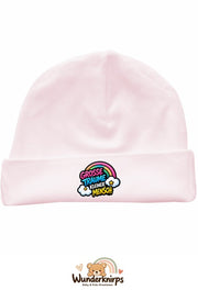 Umschlagmütze Rox-01 in Pastellrosa mit Motiv Regenbogen Große Träume