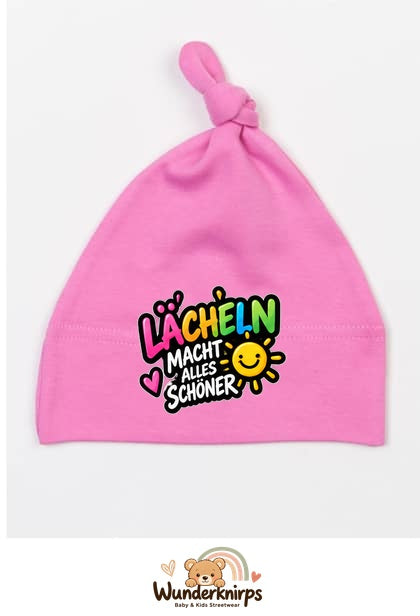 Knotenmütze Babybugz BZ15 in Bubblegum-Pink mit Motiv Lächeln macht alles schöner