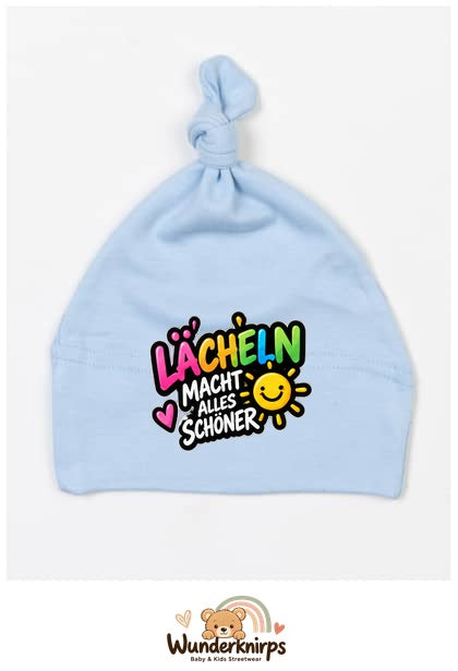 Knotenmütze Babybugz BZ15 in Staubblau mit Motiv Lächeln macht alles schöner