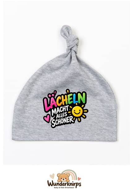 Knotenmütze Babybugz BZ15 in Grau meliert mit Motiv Lächeln macht alles schöner