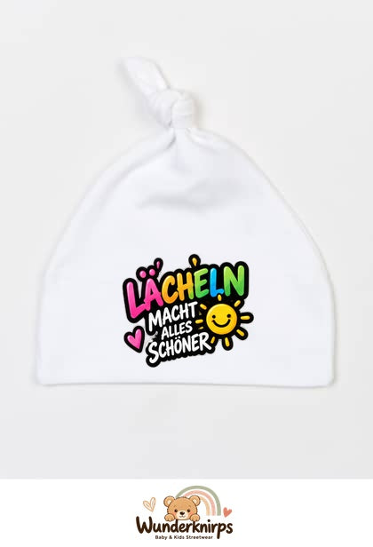 Knotenmütze Babybugz BZ15 in Weiß mit Motiv Lächeln macht alles schöner