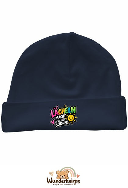 Umschlagmütze Rox-01 in Marineblau mit Motiv Lächeln macht alles schöner
