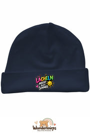 Umschlagmütze Rox-01 in Marineblau mit Motiv Lächeln macht alles schöner