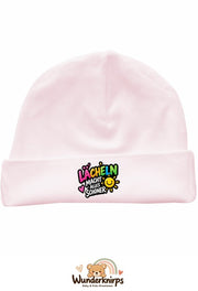 Umschlagmütze Rox-01 in Pastellrosa mit Motiv Lächeln macht alles schöner