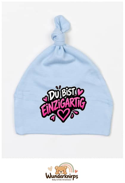 Knotenmütze Babybugz BZ15 in Staubblau mit Motiv Du bist einzigartig