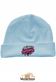 Umschlagmütze Rox-01 in Pastellblau mit Motiv Du bist einzigartig