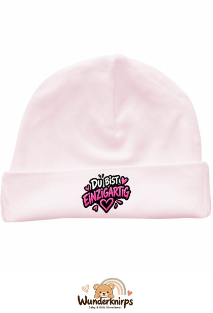 Umschlagmütze Rox-01 in Pastellrosa mit Motiv Du bist einzigartig