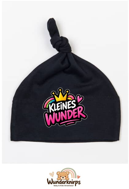Knotenmütze Babybugz BZ15 in Schwarz mit Motiv Kleines Wunder mit Regenbogen