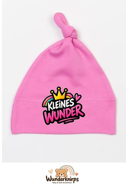 Knotenmütze Babybugz BZ15 in Bubblegum-Pink mit Motiv Kleines Wunder mit Regenbogen