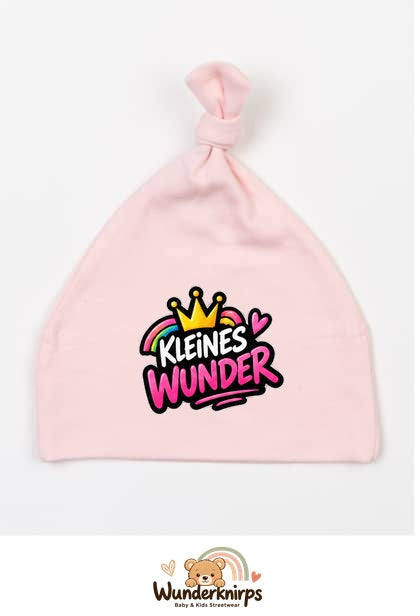 Knotenmütze Babybugz BZ15 in Pastellrosa mit Motiv Kleines Wunder mit Regenbogen